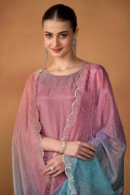 mauve embroidered organza  pant straight.(size Free size full stitched Up To 42") 1