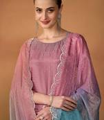 mauve embroidered organza  pant straight.(size Free size full stitched Up To 42")