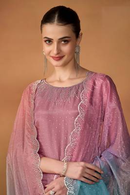 mauve embroidered organza  pant straight.(size Free size full stitched Up To 42") 2