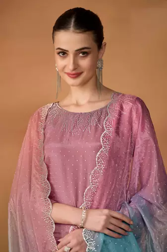 mauve embroidered organza  pant straight.(size Free size full stitched Up To 42")