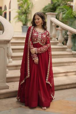 maroon embroidered georgette free size stitched gown.(size up to 42") 1