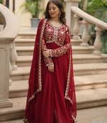 maroon embroidered georgette free size stitched gown.(size up to 42")