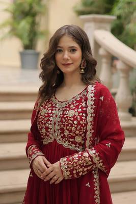 maroon embroidered georgette free size stitched gown.(size up to 42") 2