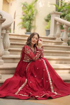 maroon embroidered georgette free size stitched gown.(size up to 42") 3