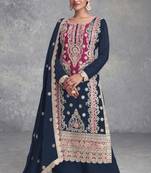 blue  embroidered chiffon free size stitched palazzo straight.(size Free size full stitched Up To 42")