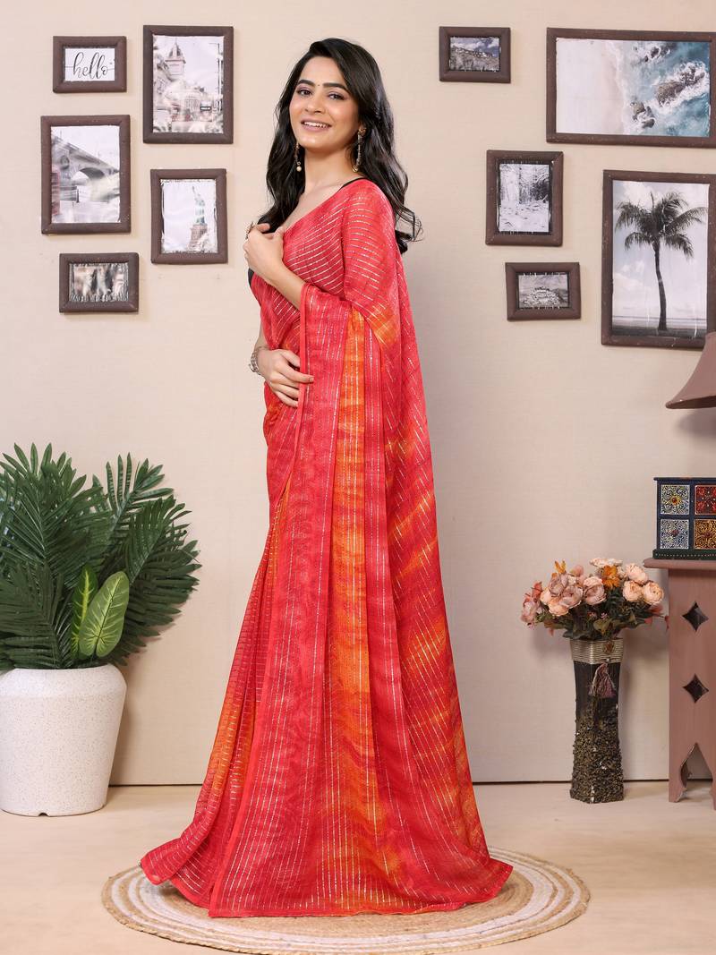 Ready To Wear Red Fancy Gerogette Padding Saree With Blouse