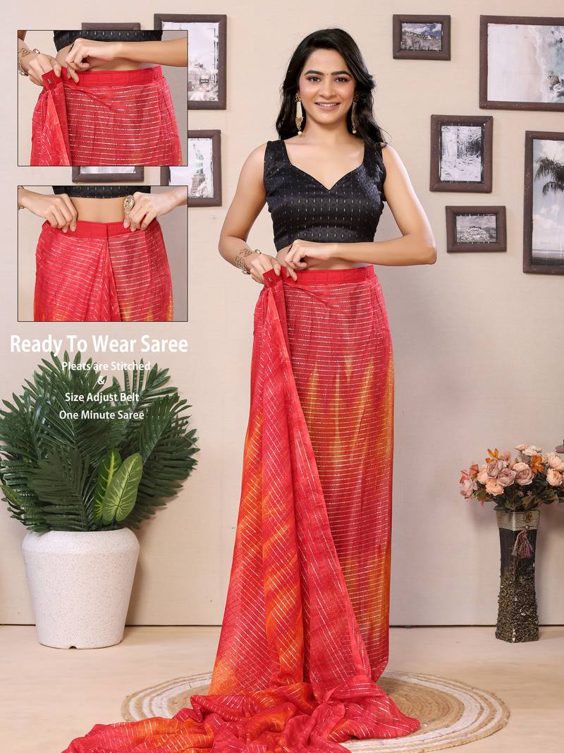 Ready To Wear Red Fancy Gerogette Padding Saree With Blouse