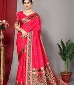 Red Paithani Silk Saree And Zari Weaving Border And Pallu With Blouse