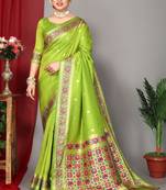 Parrot Green Paithani Silk Saree And Zari Weaving Border And Pallu With Blouse