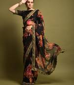 Black  georgette chiffon with flower print & foil work saree