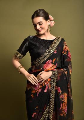 Black  georgette chiffon with flower print & foil work saree 2