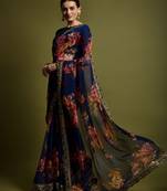 Blue georgette chiffon with flower print & foil work saree