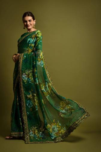 Green  georgette chiffon with flower print & foil work saree