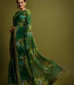 Green  georgette chiffon with flower print & foil work saree