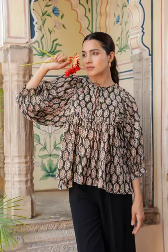 The jaipur art block printed black mahika blouse