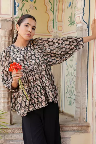 The jaipur art block printed black mahika blouse