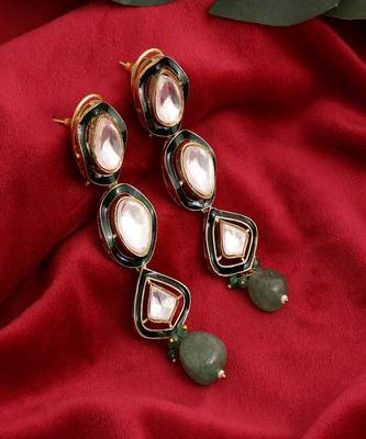 Long meenakari kundan earrings with emeralds 1