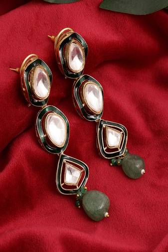 Long meenakari kundan earrings with emeralds