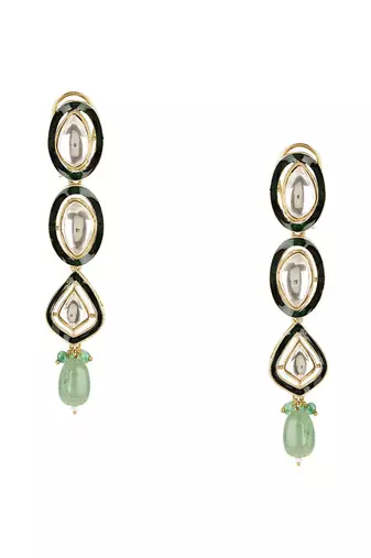 Long meenakari kundan earrings with emeralds