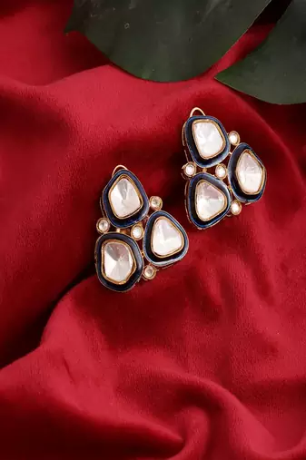 Three stone blue meenakari kundan earrings