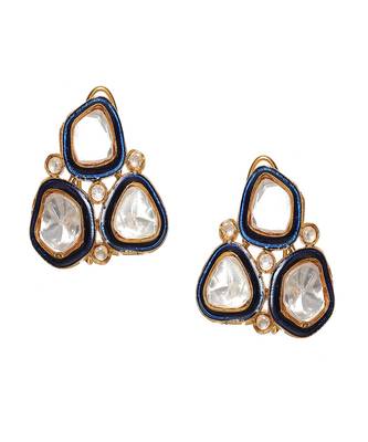 Three stone blue meenakari kundan earrings 1