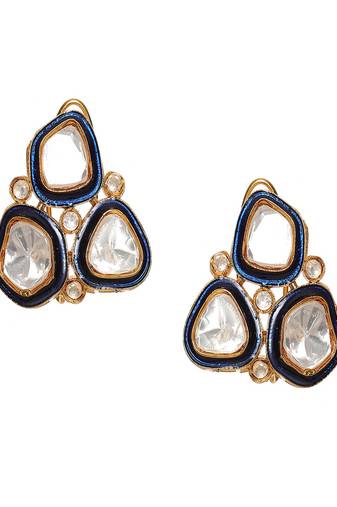 Three stone blue meenakari kundan earrings