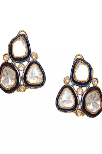 Three stone blue meenakari kundan earrings