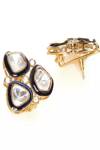 Three stone blue meenakari kundan earrings
