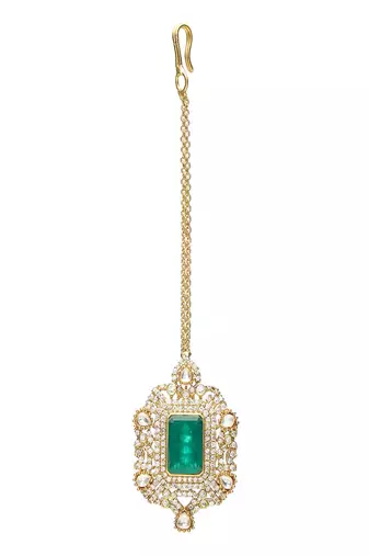 Kundan maang tikka with diamonds & emerald stone