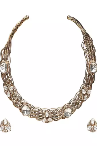 Golden kundan & mossainite hasli choker with studs