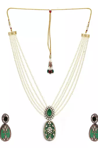 Long pearl layered necklace with pendant and matching earrings