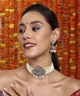 Kundan and mossainite choker in pearls with matching jhumki earrings 1