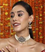 Kundan and mossainite choker in pearls with matching jhumki earrings