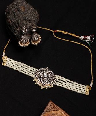 Kundan and mossainite choker in pearls with matching jhumki earrings 2