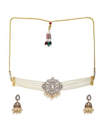 Kundan and mossainite choker in pearls with matching jhumki earrings 3