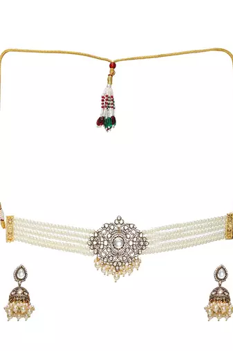 Kundan and mossainite choker in pearls with matching jhumki earrings