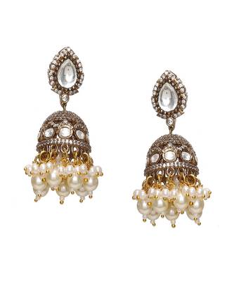 Kundan and mossainite choker in pearls with matching jhumki earrings 4