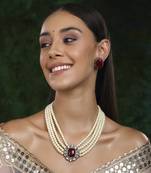 Maroon stone and mossainite kundan in pearls with matching studs