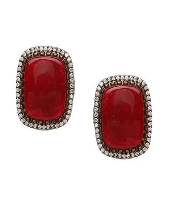 Maroon stone and mossainite kundan in pearls with matching studs 4