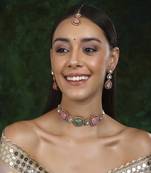 Multi stone and mossainite kundan choker with matching earrings and maang tikka