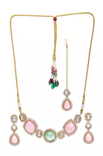 Multi stone and mossainite kundan choker with matching earrings and maang tikka