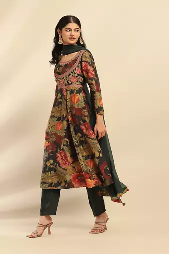 Green flower bloom anarkali kurta with pant and dupatta