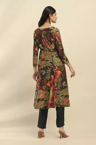 Green flower bloom anarkali kurta with pant and dupatta