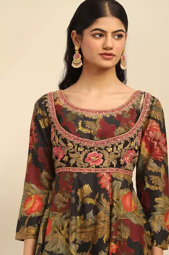 Green flower bloom anarkali kurta with pant and dupatta