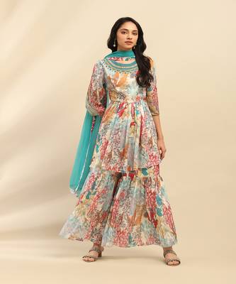 Off white irises kurta with sharara and dupatta 1
