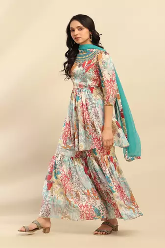 Off white irises kurta with sharara and dupatta