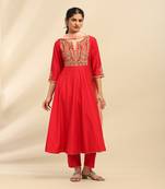 Red samaira anarkali kurta with churidar and dupatta