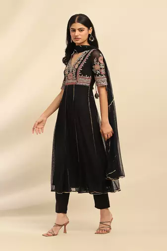 Black adira solid anarkali kurta with pant and dupatta