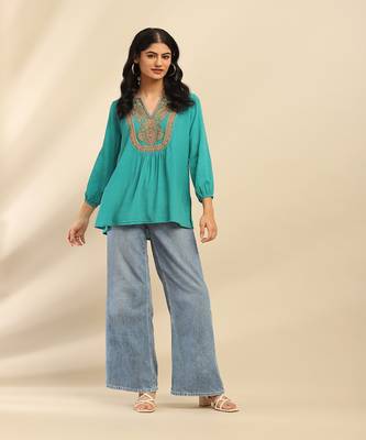 Turquoise blossoms kurti 4