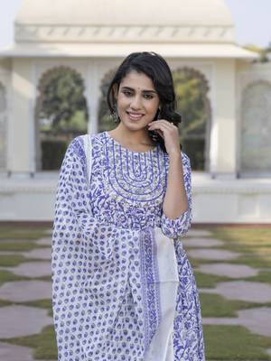women blue floral print anarkali kurta bottom and dupatta set 1